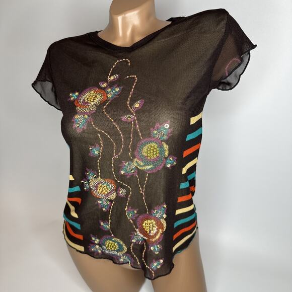 Brown Sheer Mesh Beaded Floral Embroidered Striped Y2K Boho Festival Top S - Picture 11 of 11